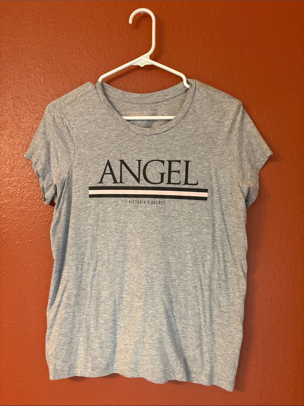 Victoria's Secret Heather Gray ANGEL Tee with Black & Pale Pink Stripes